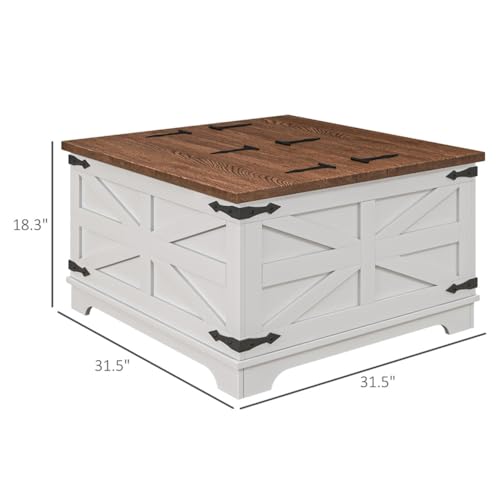 Farmhouse Square Storage Coffee Table with Hinged Lift Top Rustic Wood Center Table with Hidden Storage Compartment & Barn Door Panel Coffee Table for Living Room, Distressed White&Brown