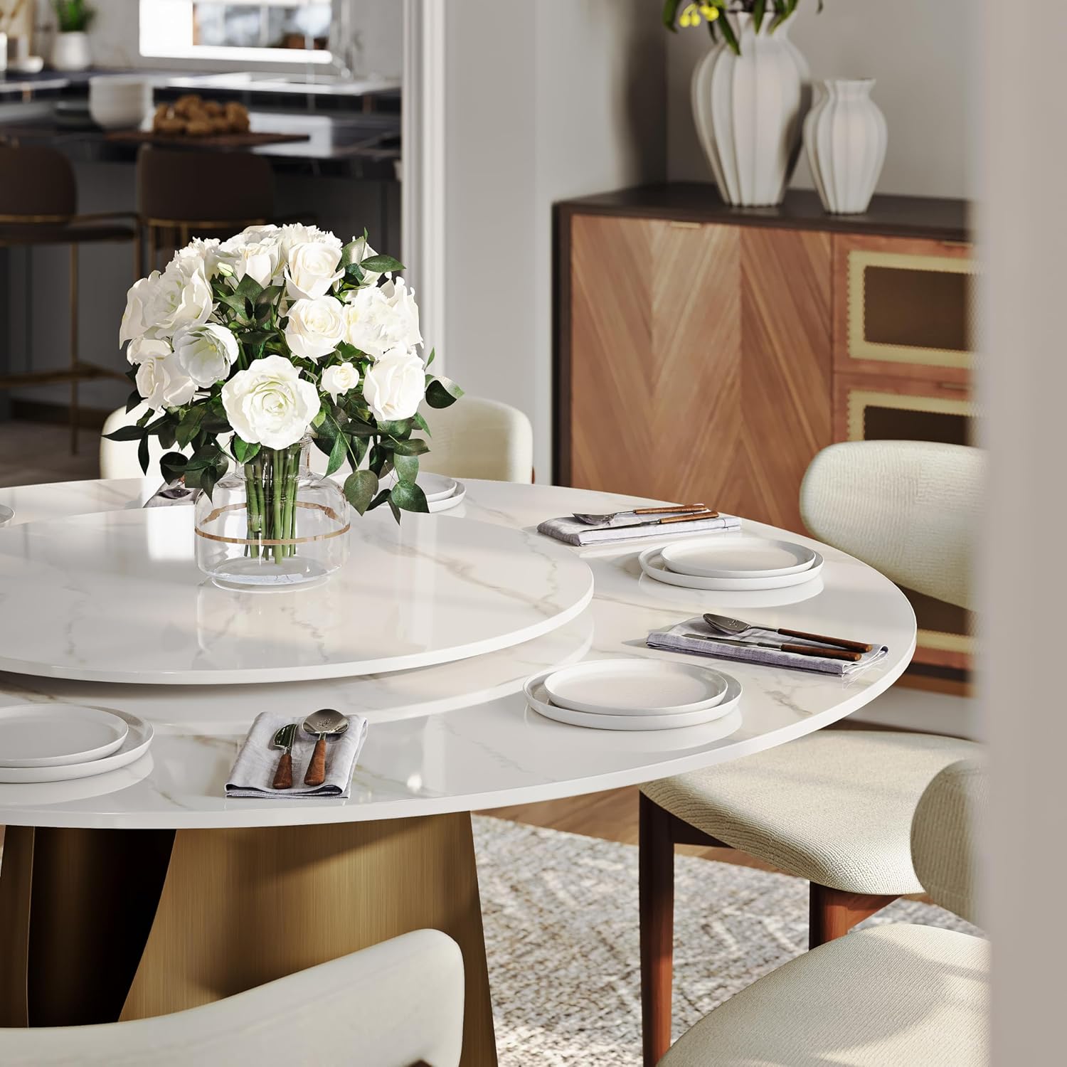 POVISON Round Dining Table for 4-6, Modern Round Dining Table Built in Lazy Susan for Dining Table, 51" Glossy White Sintered Stone Top Dining Table with Bronze Carbon Steel Pedestal(Table Only)