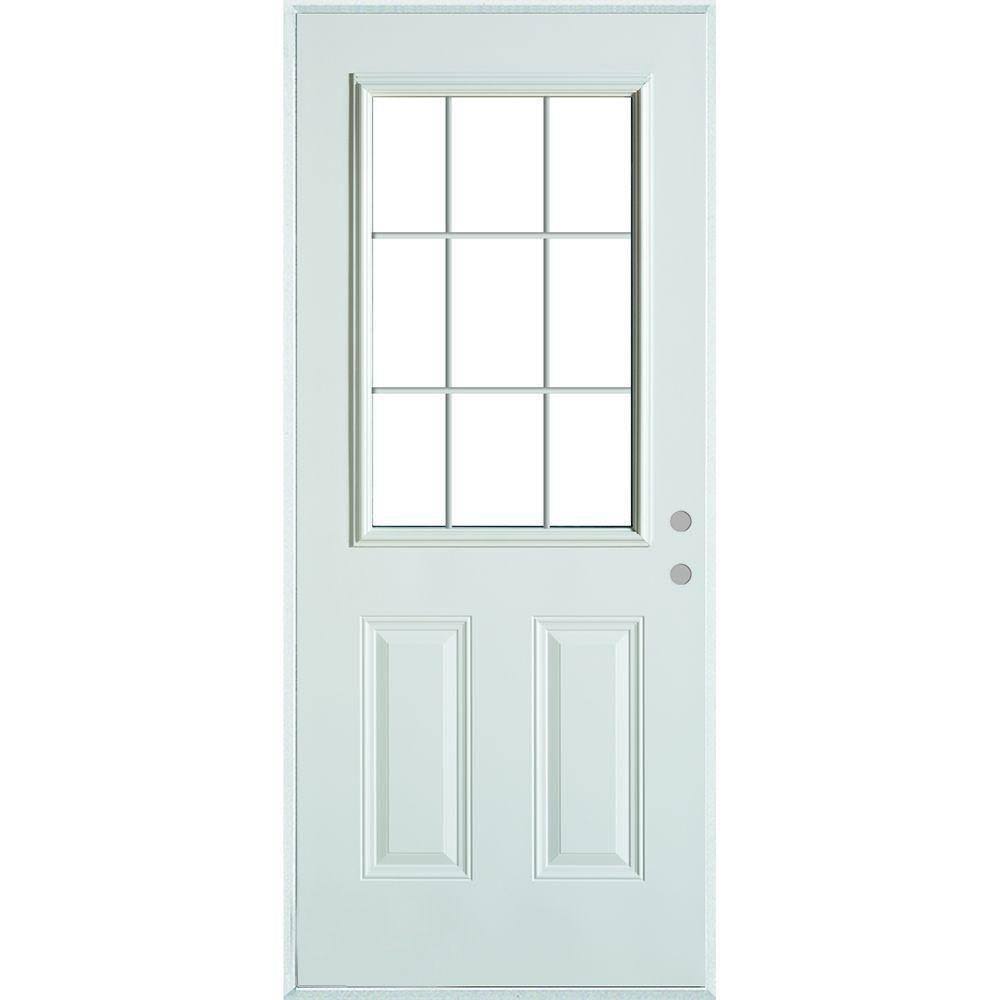 Stanley Doors 36 in. x 80 in. Colonial 9 Lite 2-Panel Painted White Left-Hand Steel Prehung Front Door with Internal GRILLE, Pre