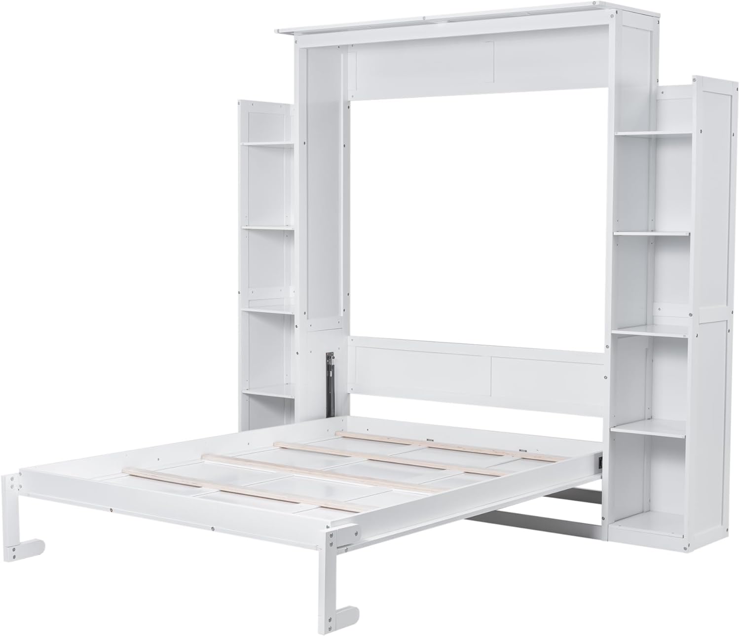 Merax Murphy Bed, Queen Size Wooden Wall Bed Shelves and LED Lights for Bedroom, Wood Slat Support, No Box Spring Needed, Easy Assembly, White