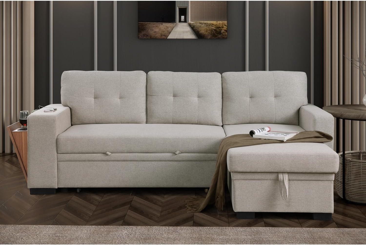 Devion Furniture 92" W Modern L-Shaped Polyester Fabric Upholstered Reversible Side Compartment Sleeper Sectional Sofa Bed with Chaise in Light Gray Finish
