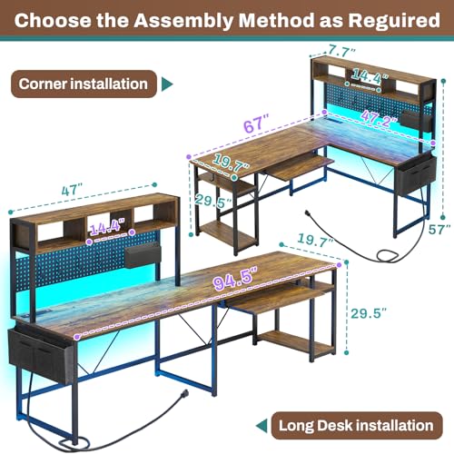 SEDETA L Shaped Gaming Desk, Reversible Computer Desk with Power Outlet and Pegboard, Gaming Desk with Led Lights, Keyboard Tray and Storage Bag for Home Office, Black