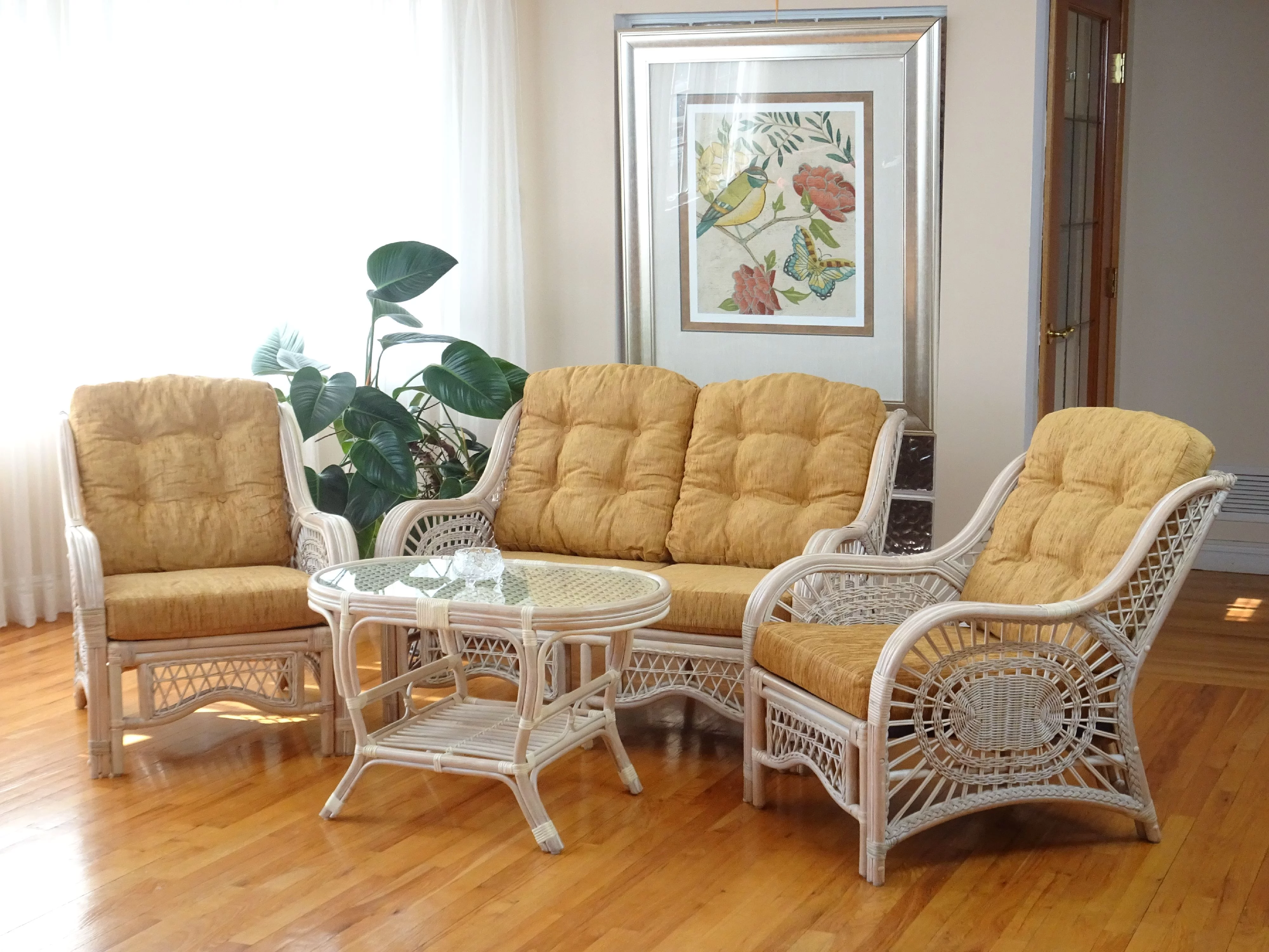 Pelangi Coffee Oval Table w/Glass Top Natural Rattan Wicker Handmade Design, White Wash