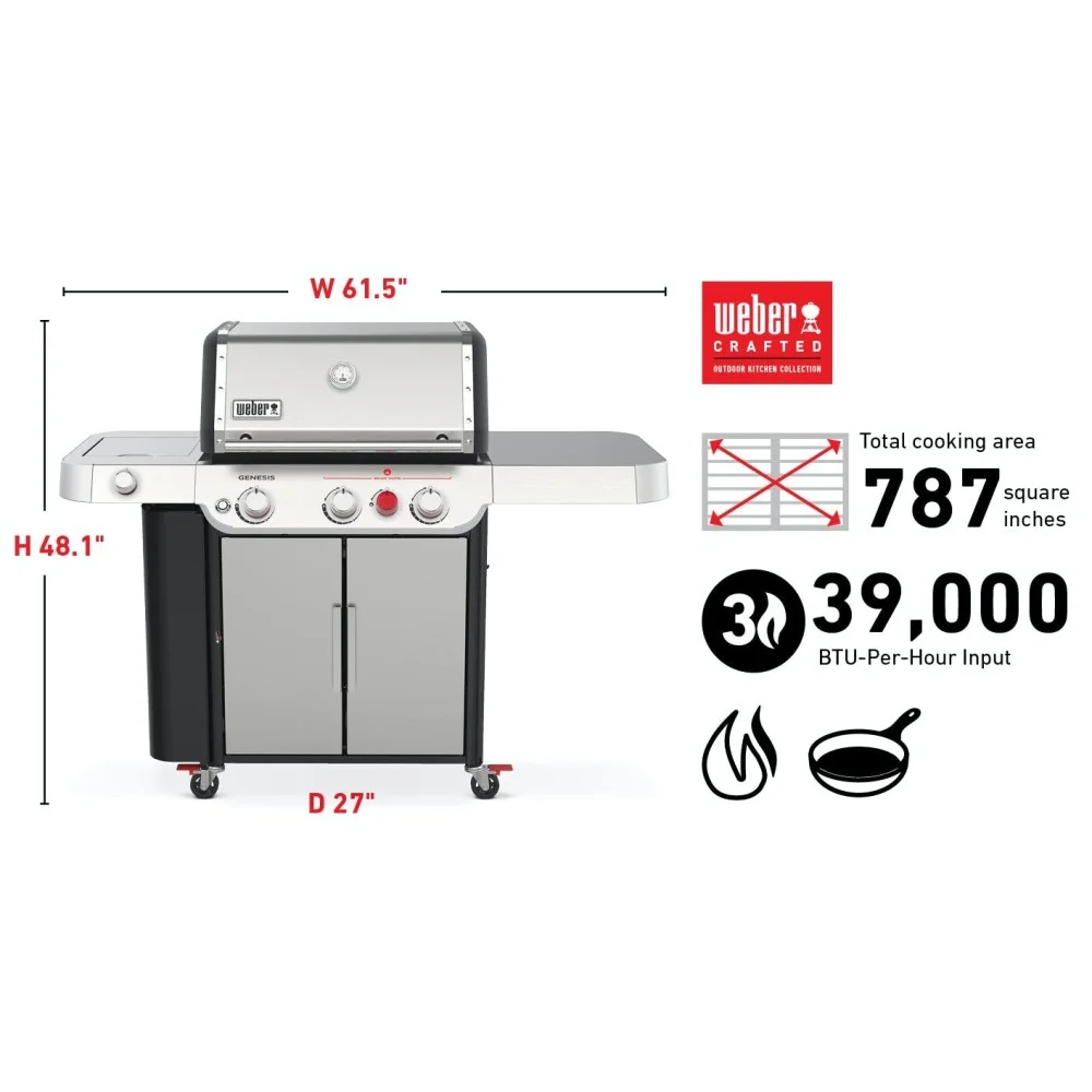 Weber 35400001 Genesis S-335 3-Burner LP Gas Grill, 39,000 BTUs + Side & Sear Burners, Stainless Steel - Quantity 1