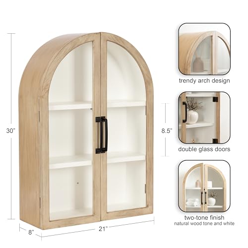 Kate and Laurel Arcott Modern Arch Wall Cabinet, 21 x 8 x 30, Natural Wood and White, Transitional Arched Cabinet for Use as Over-The-Toilet Storage or Living Room Storage Cabinet