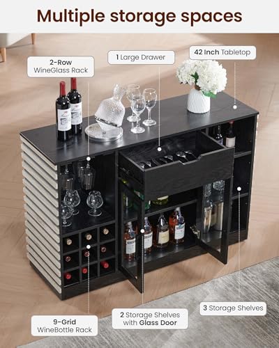 Home Source Deluxe 47.5" Wine Bar Cabinet with Open Wine Rack, Liquor Shelves Buffet Storage Sideboard with Glass Door & Drawer for Kitchen Credenza Dining Room Living Room, Grey