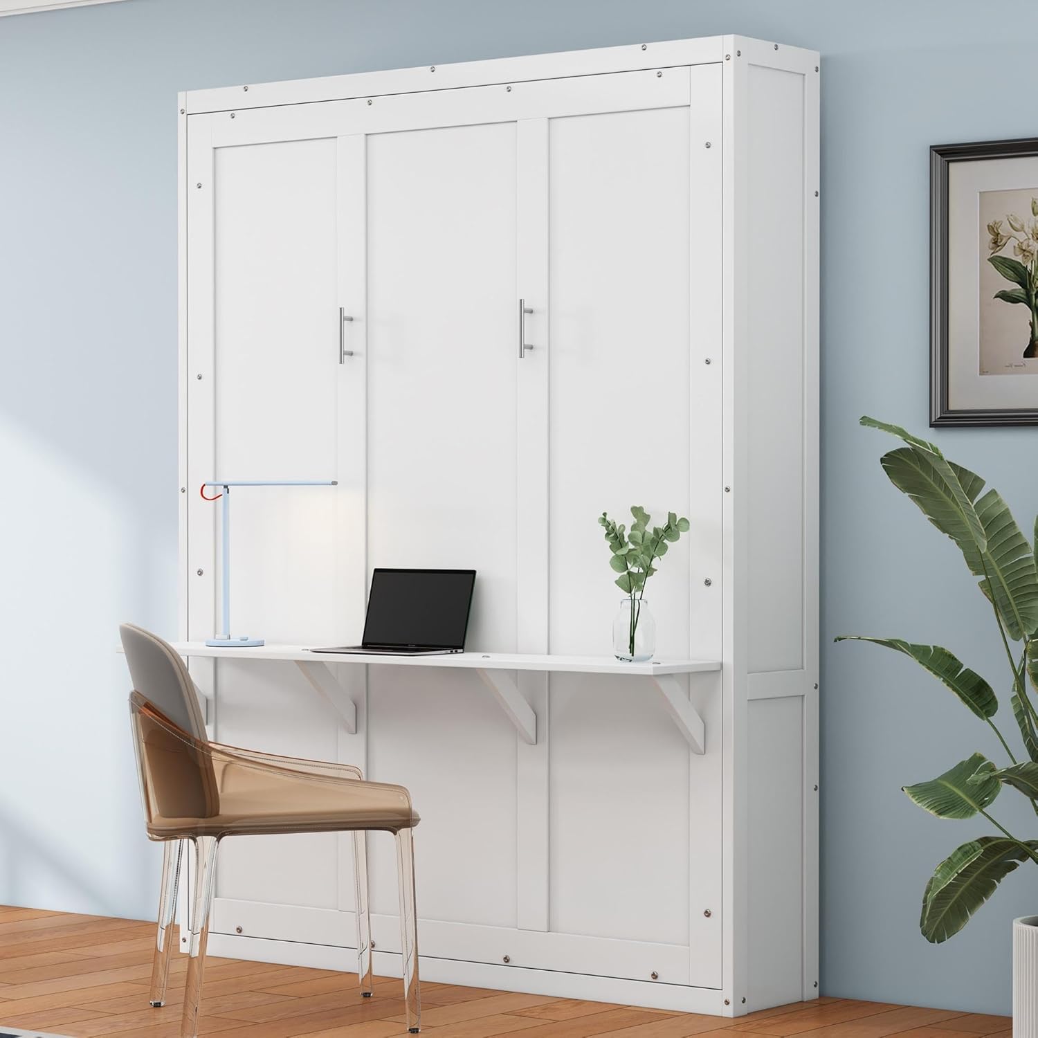 Queen Size Murphy Bed with Desk Combo, 68-inch Vertical Wall Bedframe Foldable into Cabinet Luxury for Bedroom Guest Room Small Space, Study, Office, Easy to Assemble, White