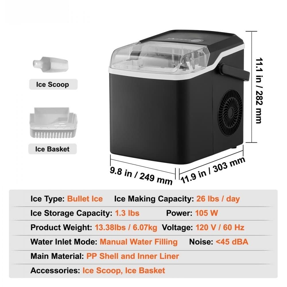 Portable Countertop Ice Maker with Self-Cleaning Function - 9 Cubes Ready in 7 Mins, 26lbs in 24Hrs, Includes Ice Scoop and Basket, 2 Sizes Bullet Ice - Perfect for Home Kitchen Office Bar Party
