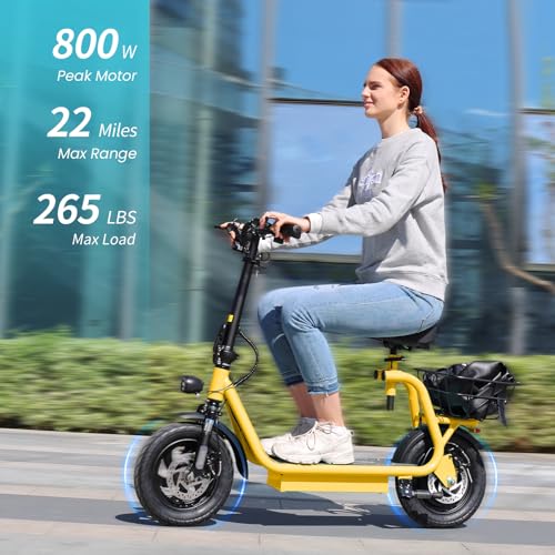 Caroma Peak 800W/1200W Electric Scooter Adults, 30 Miles Max Range, Foldable Electric Scooter with Seat, Front Suspension, Detachable Large Basket,Commuter E-Scooter for Adult and Teens
