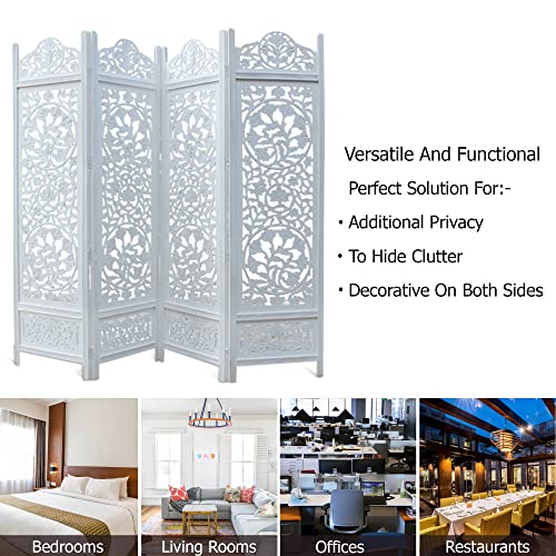 Room Divider Wood Screen - Ghanti Bells Antique Brown - 4 Panel Folding 72 x 80 - Assembled Hand Carved Decorative Functional Versatile Portable Partition Reversible Privacy Boho - COTTON CRAFT