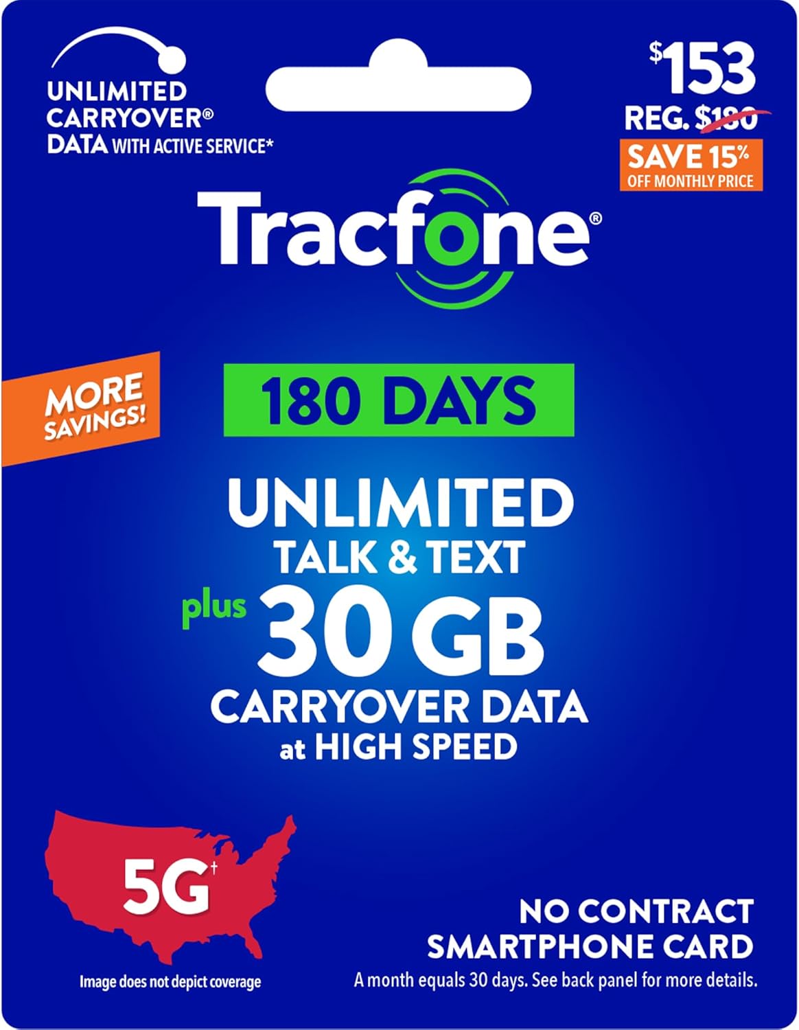 Tracfone $153 Unlimited Talk & Text Plus 30 GB of Data 180-Day Prepaid Plan(Physical Delivery)