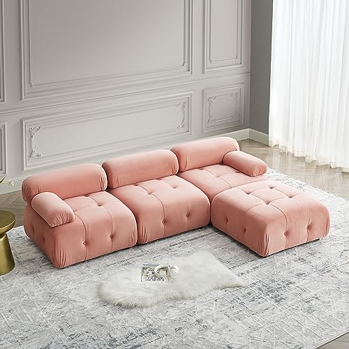 Sleeper Sofa couches Ottoman Cloud Couch Bed Loveseat Living Room Furniture Sturdy Solid Wood Frame Modular Sectional Comfortable Velvet Upholstery Button Tufted Design Pink