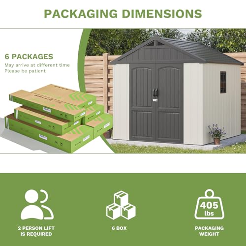 Patiowell 8 x 12 FT Plastic Outdoor Storage Shed with Floor, Resin Shed with Window and Lockable Door for Garden, Backyard, Tool Storage Use, Easy to Install in Beige (Kick-it Shed)