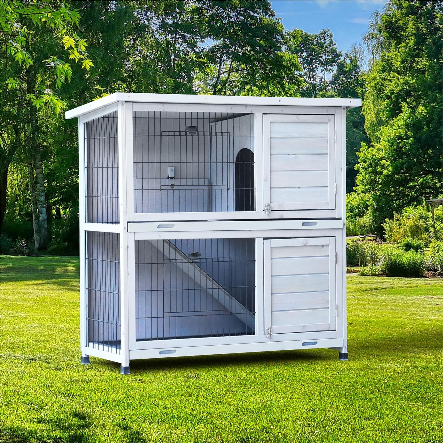 41" 2-Story Rabbit Hutch Outdoor, Large Rabbit Hutch, Rabbit Hutches Weatherproof, with 2 Removable No-Leak Trays, for Rabbit, Guinea Pig, Hedgehog, Chick, White