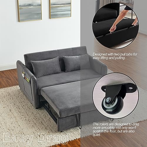 3-in-1 Versatile Convertible Sofa Bed, Velvet Double Sofa with Pull-out Bed, Futon Couch with Adjustable Backrest and Side Pocket,Loveseats Sofa Bed,Square Arms, for Living Room Apartment, Grey