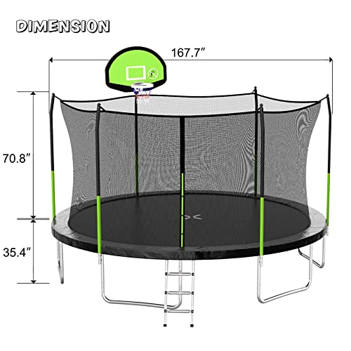 AOTOB 8FT 10FT 12FT 14 FT 15FT Trampoline with Safety Enclosure Net，Outdoor Trampoline with Basketball Hoop, Heavy Duty Jumping Mat and Spring Cover Padding for Kids and Adults, Storage Bag and Ladder