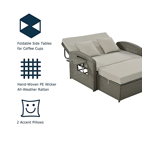 Outdoor Rattan Double Chaise Lounge with Adjustable Back and Cushions, 2-Person Reclining Daybed with Cup Trays, Patio Sunbed with Free Furniture Protection Cover, for Poolside Lawn, White