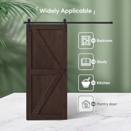 FREDBECK 36in x 84in Brown Barn Door with 6.6ft (79inch) Barn Door Hardware Track Kit and Handle Included, Double Surfaces,Simple Assembly is Required,K-Frame,Coffee