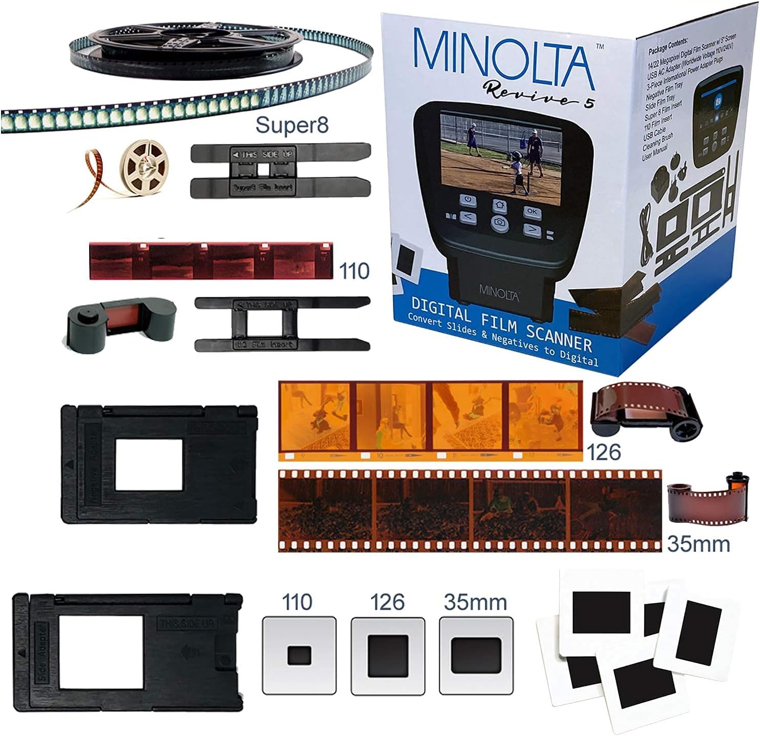 MINOLTA Film & Slide Scanner, Large 5 Screen, Convert Color & B&W 35mm, 126, 110 Negative & Slides, Super 8 Films to High Res 22MP JPEG Digital Photos, 16GB SD Card, Worldwide AC Adapter (Black)