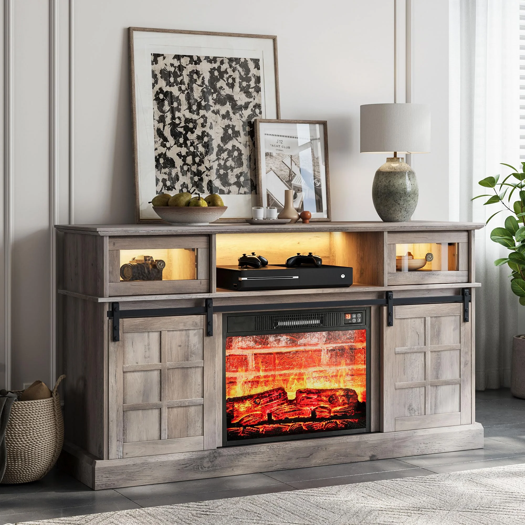 Peradix Fireplace TV Stand with 23" Electric Fireplace TV Stand for 65 Inch TV, Modern Farmhouse Entertainment Center TV Cabinet with 16 Colors RGB LED Lights Barn Door for Living Room,Bedroom,Gray