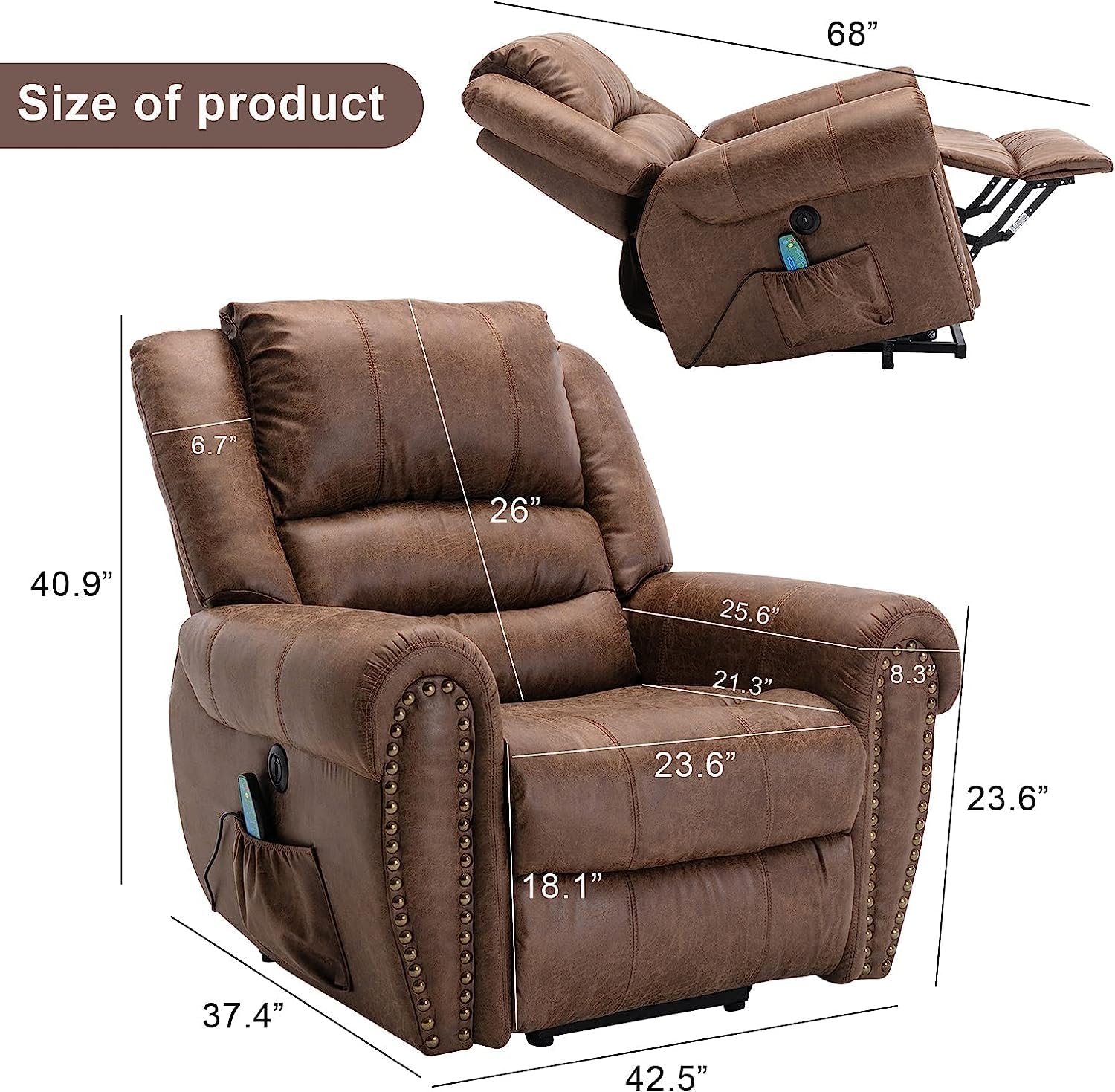 Phoenix Home Power Lift Chair for Elderly Leather Electric Reclining Oversized Sofa with Massage & Heating, USB Ports, Side Pocket, Large, Brown