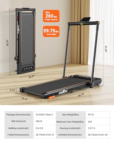 THERUN 2.5HP Treadmill, 2 in 1 Under Desk Walking Pad Treadmill, Electric Compact Space Folding Treadmill for Home Office with LED Touch Screen 0.6-7.6MPH Wider Running Belt, No Assembly Needed