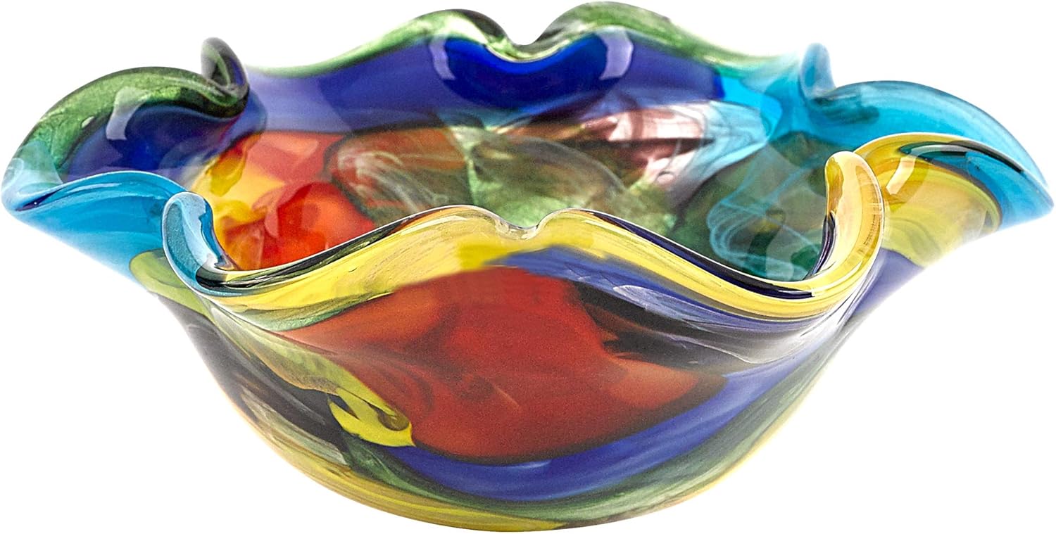 Badash Stormy Rainbow Murano-Style Art Glass Decorative Bowl - 8.5" Mouth-Blown Glass Floppy Centerpiece Bowl - Home Decor Accent