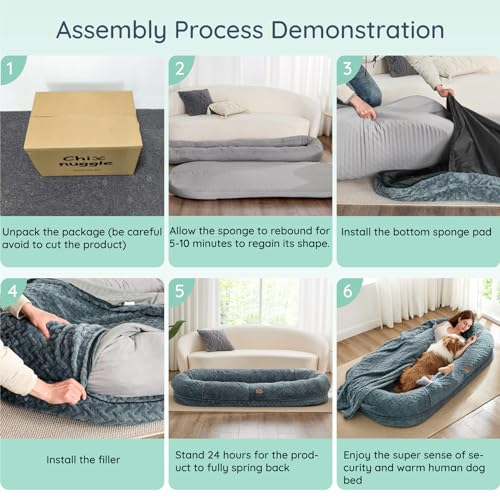Human Dog Bed for Adult - Luxury Faux Fur Giant Human Size Dog Bed with Portable Handle, Egg Orthopedic Foam Dog Human Bed with Blanket, 72"x40"x10", Ivory White