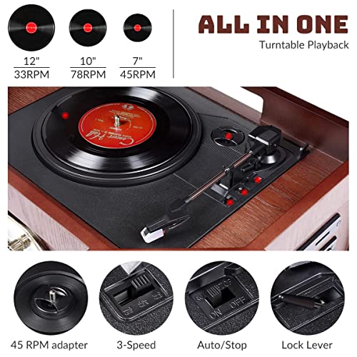 ORCC 10-in-1 Bluetooth Turntable Record Player with Built-in Speaker, Vinyl Turntable CD Cassette and FM/AM Radio Combo, AUX in RCA Out USB MP3 Recording Headphone Jack Compact Turntable
