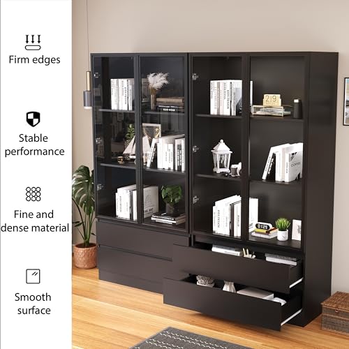 Tempered Glass Door Display Cabinet with LED Lights and 3 Storage Shelves,Tall Modern Display Storage Organizer with 2 Drawers and 2 Doors,Bookcase Bookshelf for Living Room,Home Office,Black