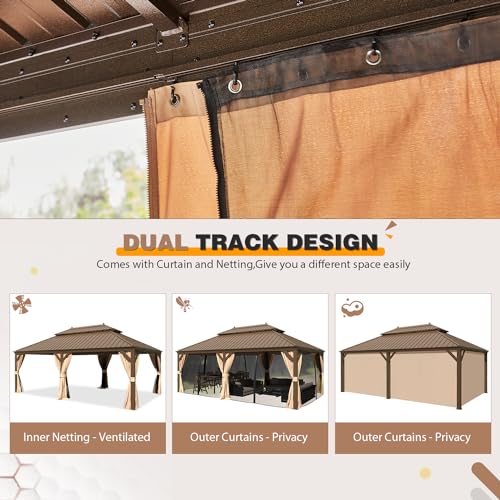 EROMMY 14'x20' Hardtop Gazebo Double Roof Galvanized Steel Canopy Outdoor Aluminum Frame Permanent Metal Pavilion with Netting and Curtains for Patio Backyard Deck and Lawns