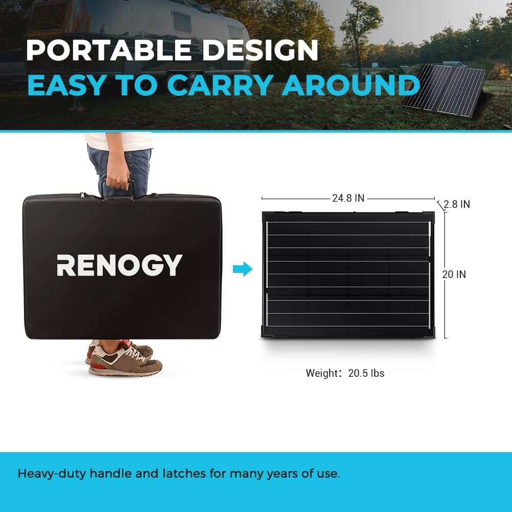 Renogy 200 Watt 12 Volt Monocrystalline Off Grid Portable Foldable 2Pcs 100W Solar Panel Suitcase Built-in Kickstand with Waterproof 20A Charger Controller