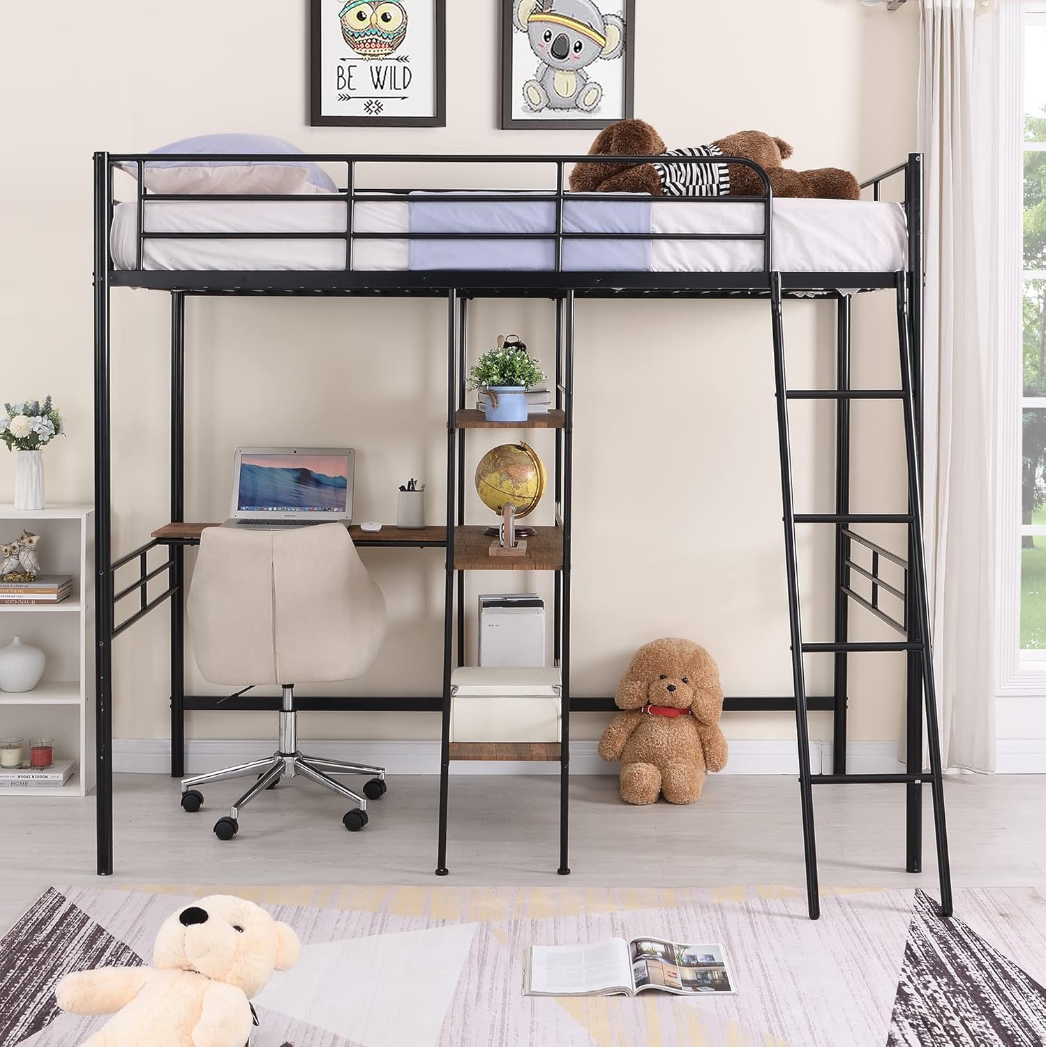 Twin Size Loft Bed with Built-in Desk and Shelves, Metal High LoftBed Frame w/Large Storage Space for Bedroom Guest Room Dorm, Black