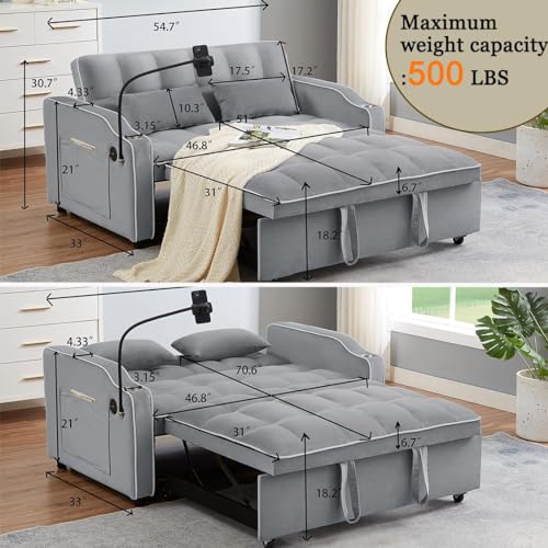 3-in-1 Convertible Sofa Bed - Modern Velvet Sleeper Sofa Chair Bed with Pull Out Bed, Adjustable Backrest, Chaise Lounge with USB Ports, Cup Holder, Side Pocket and Pillows (Black)