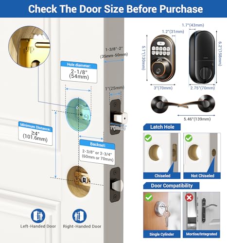 Veise Fingerprint Door Lock with 2 Lever Handles - Keyless Entry Door Lock, Keypad Door Lock with Handle, Electronic Deadbolt Front Door Lock Set, Auto Lock, Easy Installation, Oil Rubbed Bronze