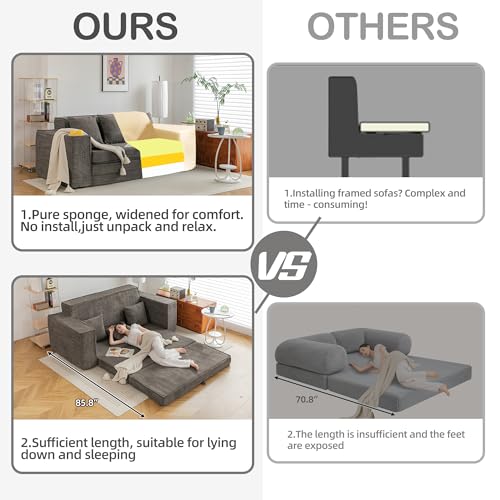 HOMREST 76" Convertible Memory Foam 3-seat Sofa, Pull Out Sleeper Sofa Bed, 2 in 1 Folding Couch Bed, Fold Out Floor Couch Corduroy Fabric with 3 Pillows for Living Room Bedroom Lounge (Grey)