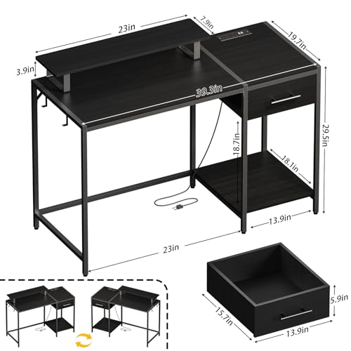 Computer Desk with Drawers, 55 inch Office Desk with Storage and Monitor Stand,Gaming Desk with LED Light and Power Outlet, Work Desk for Home Office,Rustic Brown