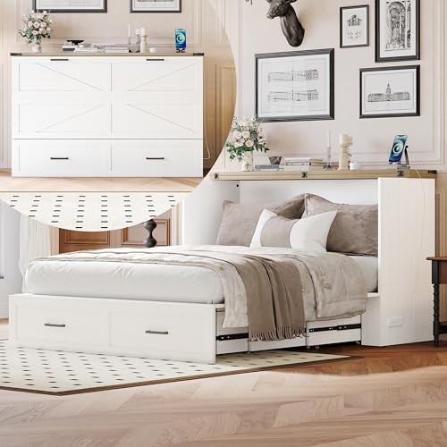 Wooden Murphy Cabinet Bed Frame with Charging Station, Full-Size Foldable Wall Bed with Large Storage Drawer for Home Apartment Limited Living Places, Space-Saving Hidden Bed No Box Spring Needed