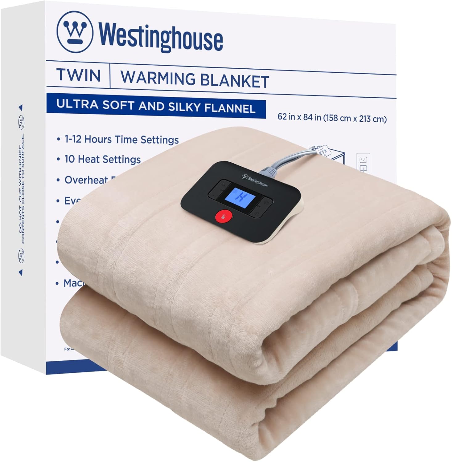 Westinghouse Electric Blanket Flannel | 84x90 inch Warming Heated Blanket-Home, Bed, 1-12 Hour Time Setting, Machine Washable, Beige