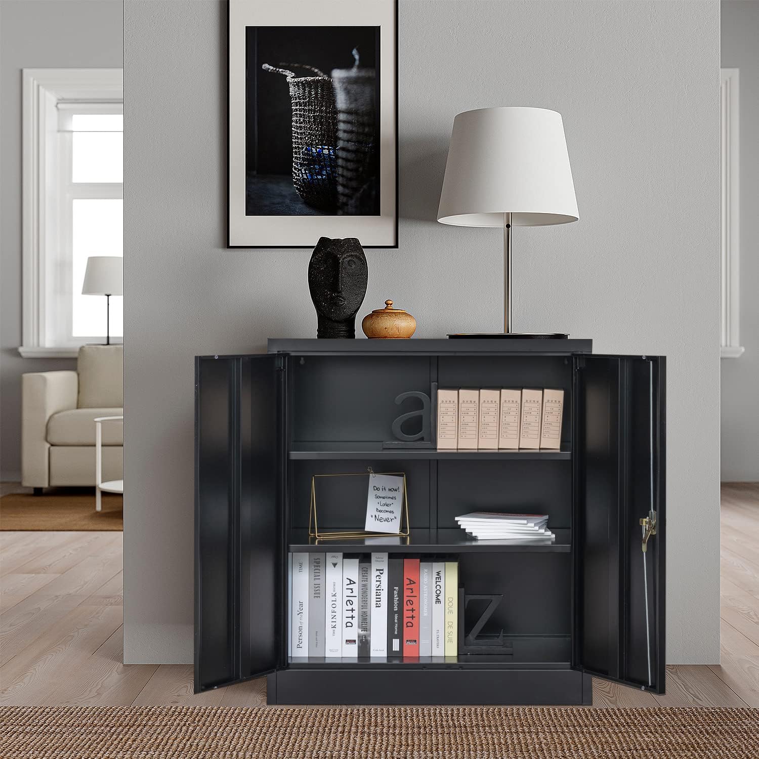 Metal Storage Cabinet with 2 Shelves and 2 Doors, Steel Locking Cabinet for Home Office, Garage, Utility Room and Basement, 36.2 H x 31.5 W x 15.7 D (Black)