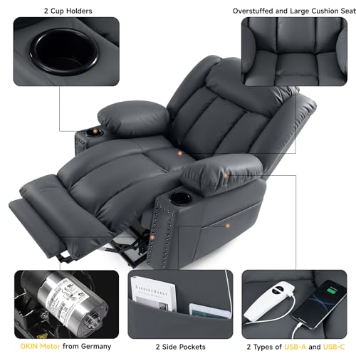 Large Power Lift Chairs Recliners for Elderly with Heated and Massage, Overstuffed Adjustable Lift Chairs, 3 Positions, Breathable Leather, USB-A and USB-C, Cup Holder, Side Pocket Dark Brown