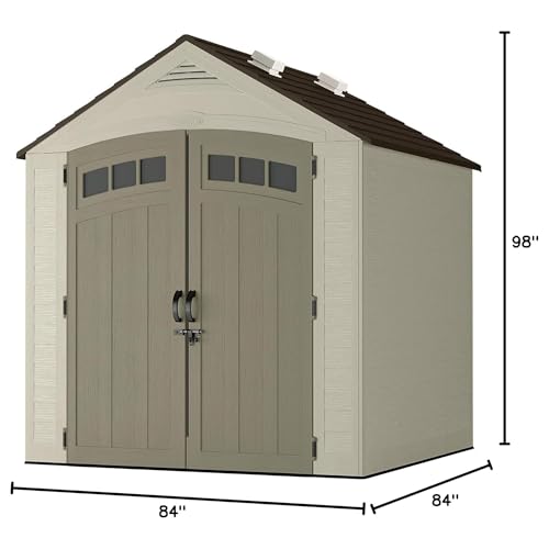 Suncast Vista 7x7 Storage Shed with Multi-Wall Resin Panels, 4 Skylights, IllumiVent System, and Pad-Lockable Doors, 84" D x 84" W x 98" H, Made in The USA