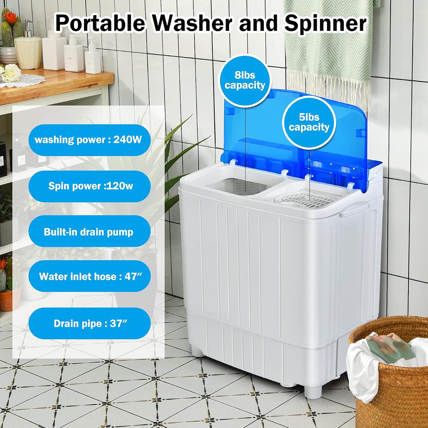 ARLIME Portable Twin Tub Washing Machine Wash & Spin Cycle Dryer, 13Lbs Mini Laundry Machine & Spinner Dryer Combo w/Drain Pump & Long Hose, Time Control Compact Washer for Apartments, Dorms, RV