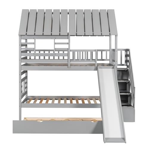 MERITLINE House Bunk Beds Twin Over Twin with Slide, Twin Bunk Bed with Storage Stairs and Trundle, Wood Kids Bunk Bed with Roof and Window Design for Girls, Boys,White