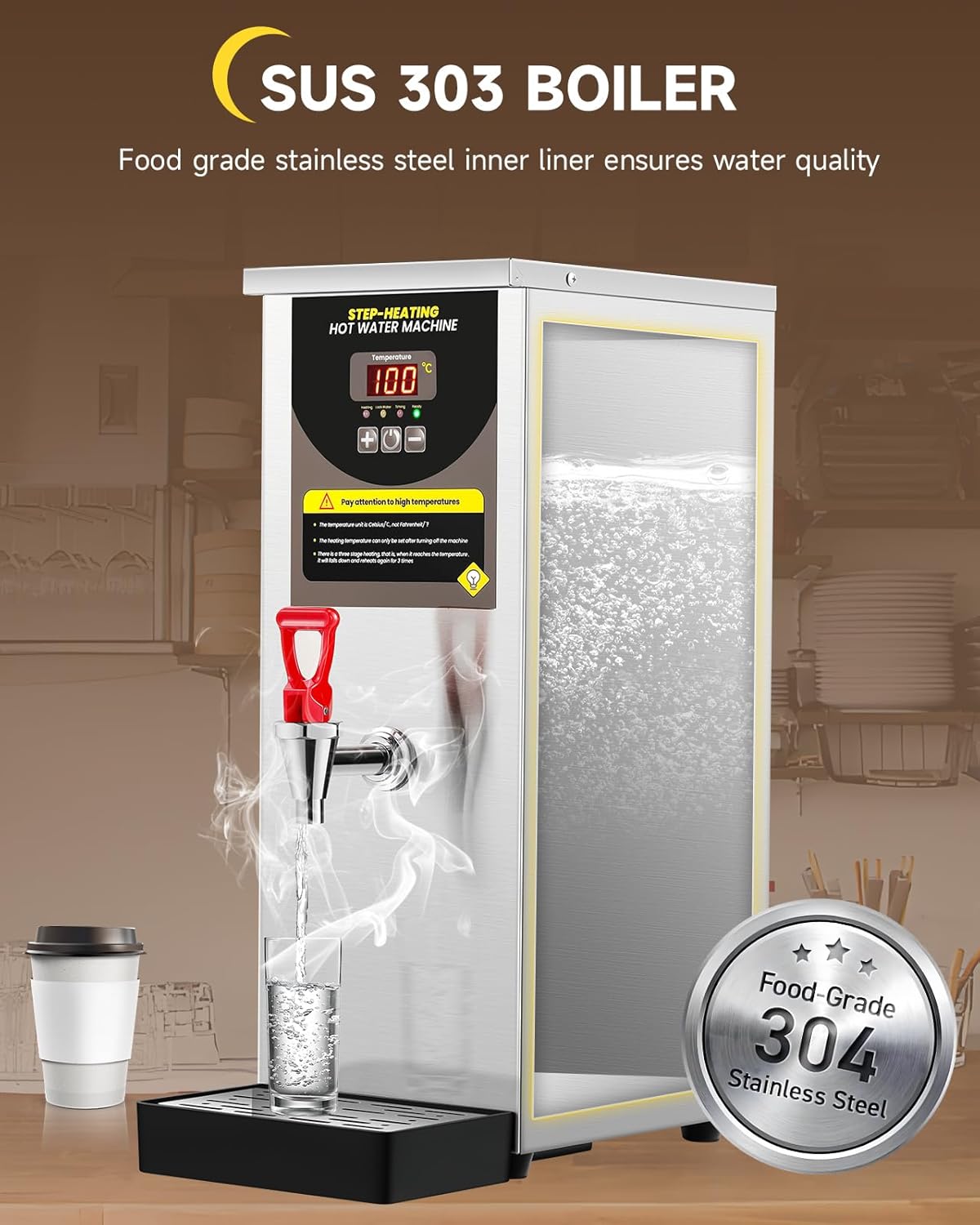 Step-Heating Commercial Hot Water Dispenser 17-Min Fast Ready Water Boiler Machine Large Capacity 80L/H for Tea Boba Tea Milk Tea Restaurant Hotel