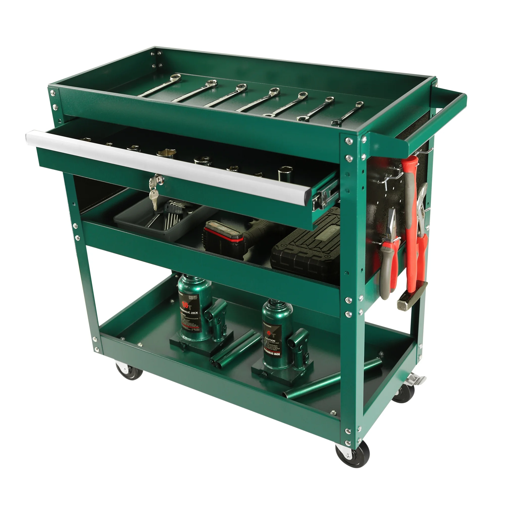 Rolling Tool Cart with Drawer, Seizeen Heavy Duty Utility Cart on Wheels, Garage Workshop Tool Organizer, 3 Tray, 1 Lockable Drawer, 6 Side Hooks