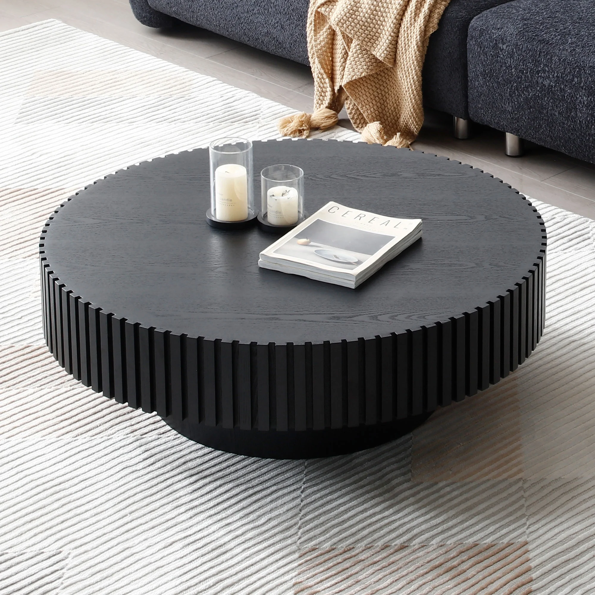 Kevinplus BLACK MDF Coffee Table 39.37inch Modern Handcraft Drum Coffee Table Round Wood Coffee Table for Living Room, Apartment