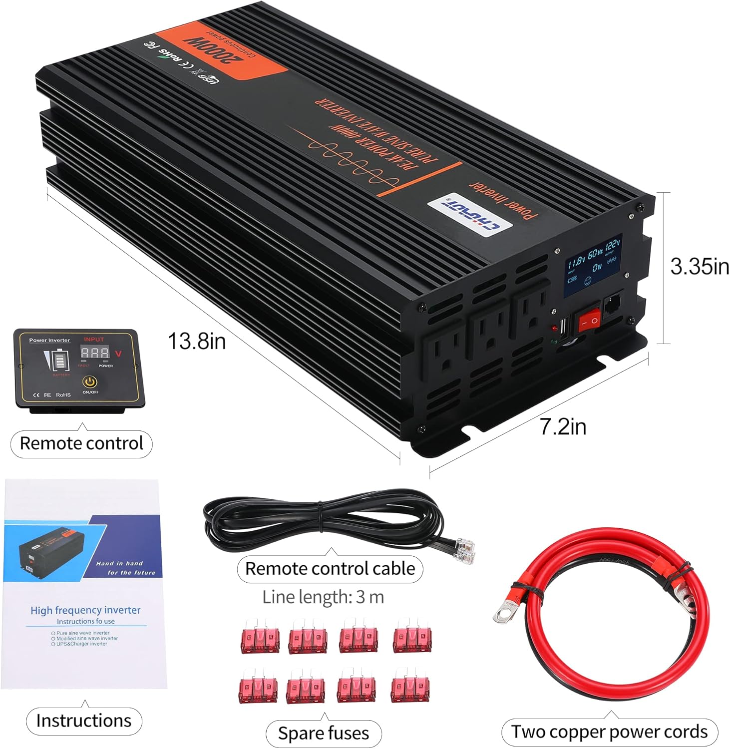 Power Inverter, 2000W Pure Sine Wave Inverter DC 12V to AC 120V Car Inverter with LCD Digital Display Remote Control USB Port Power Converter for Travel/Camping