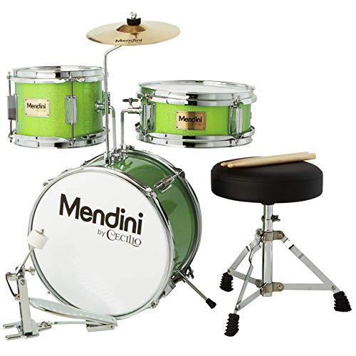 Mendini By Cecilio Kids Drum Set, 3 Piece Junior Drum Set for Beginners with Bass Tom Snare Drum, 16 inch Drum Kit with Snare, Cymbal, Drumsticks, Adjustable Seat (Metallic Red)
