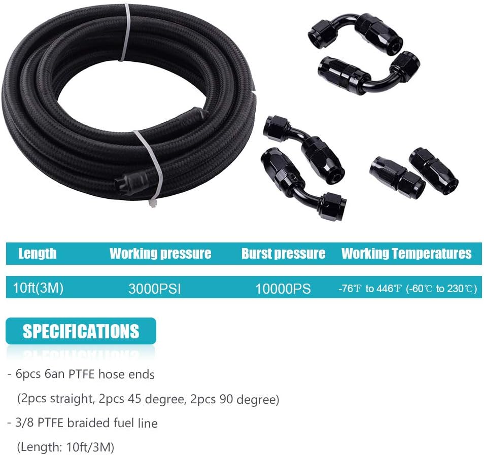 10FT 6 AN 3/8" Nylon Stainless Steel Braided PTFE E85 Tube Fuel Line Fittings Kit with 6PCS Swivel Fuel Hose Fitting Adapters Pack of 2